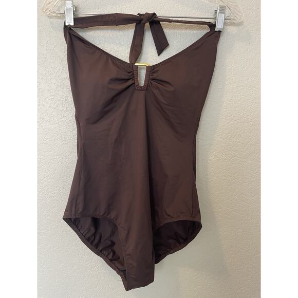 MAGICSUIT MIRACLESUIT Solid Brown Gold Women Halter One Piece Swimsuit 8 - Picture 1 of 6